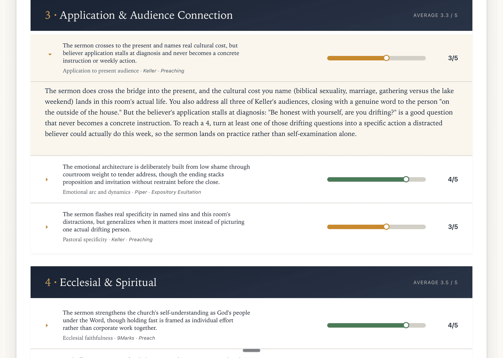 An evaluation category, Application and Audience Connection, with each criterion scored out of five and an expanded note explaining the score.