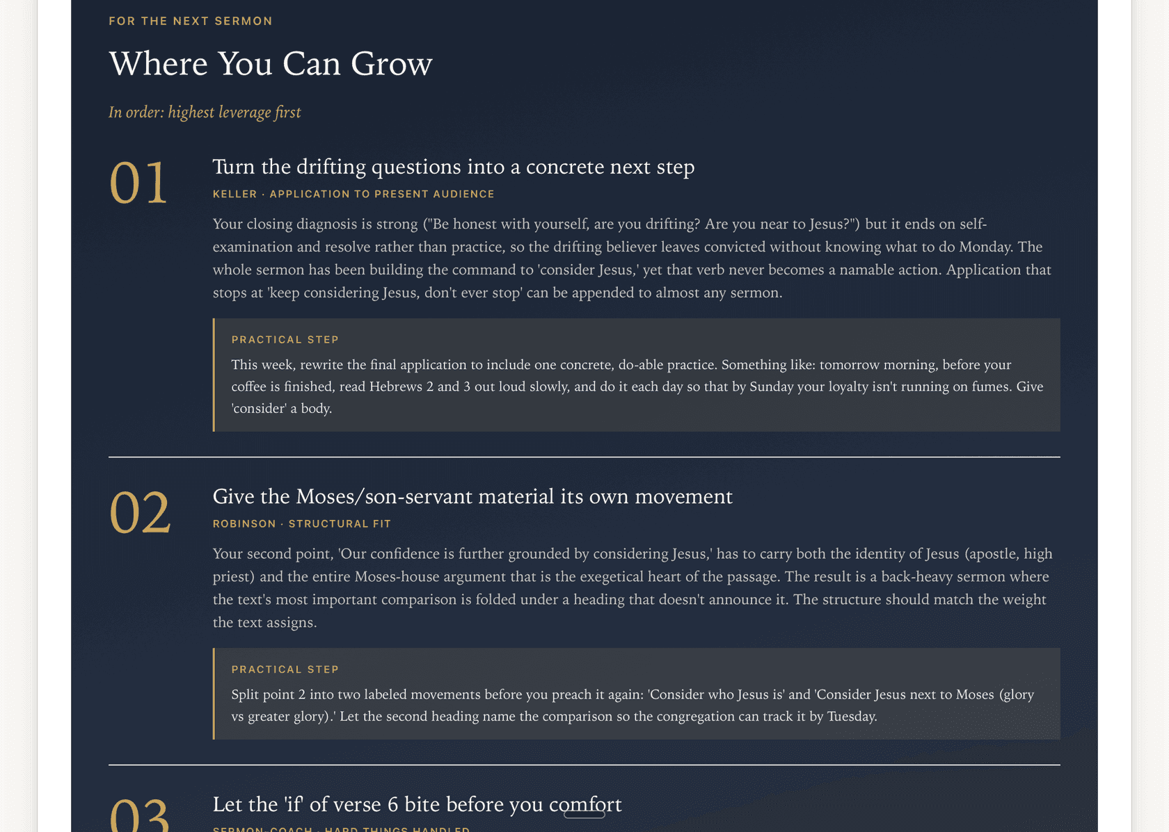 Where You Can Grow, numbered changes in order of leverage, each with a practical step to take before preaching it again.